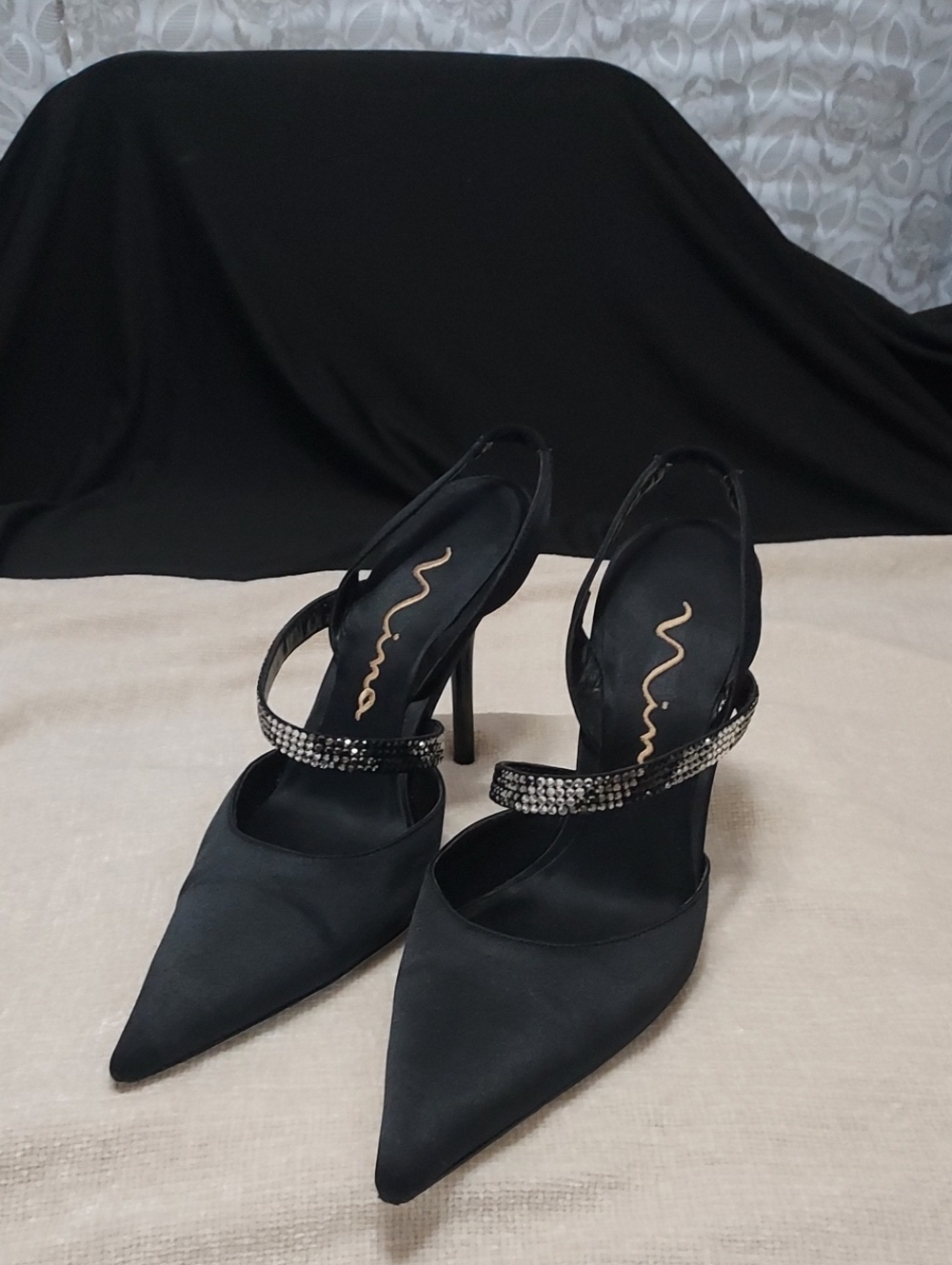 Nina Black Women's Pointed Toe Slingback Heels with Crystal Strap